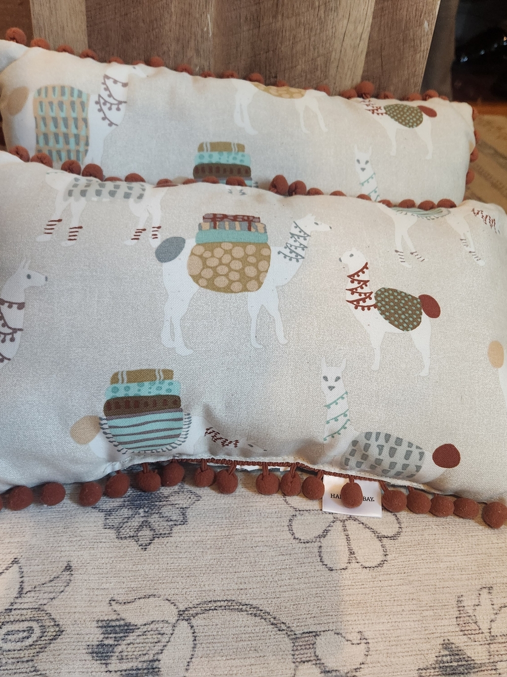 Handmade Llama Accent Pillow in Cream with Rust Pom Trim